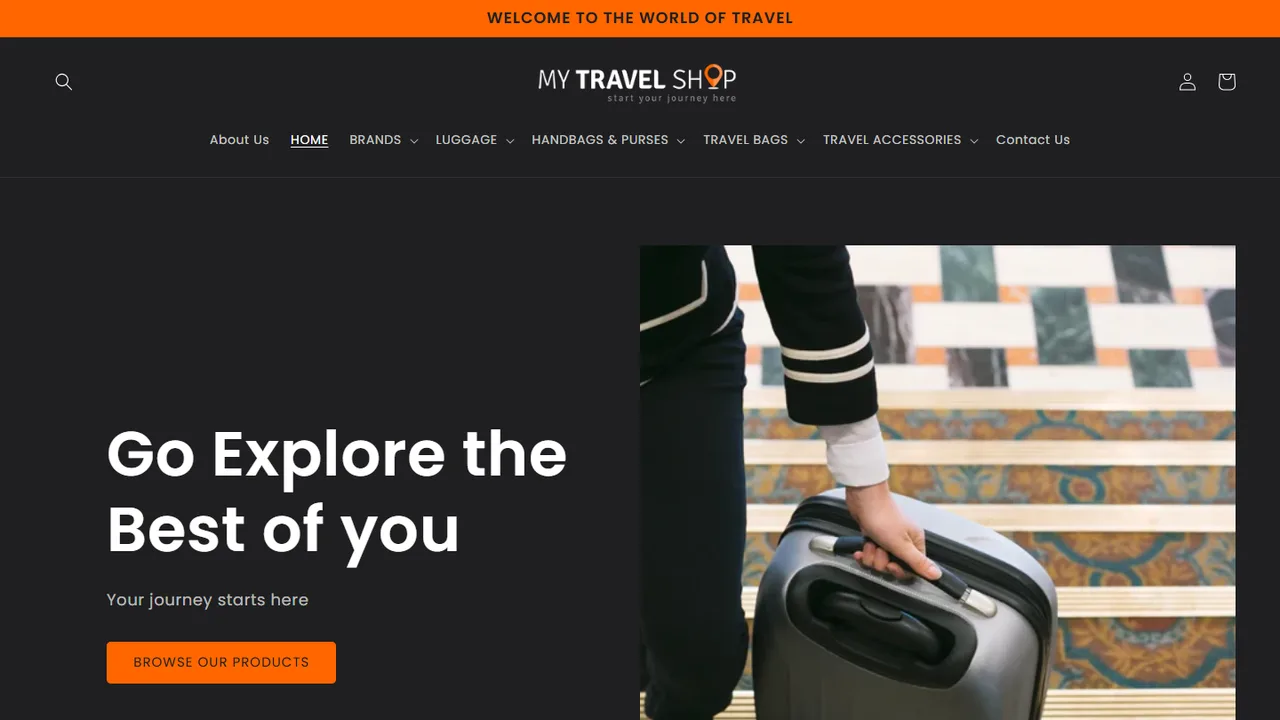 My Travel Shop homepage — a dark storefront reading “Go Explore the Best of you” beside a photograph of a traveller with a suitcase.
