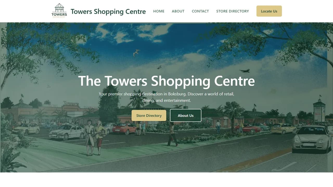 The Towers Shopping Centre homepage — an illustrated view of the centre behind the heading “The Towers Shopping Centre”.