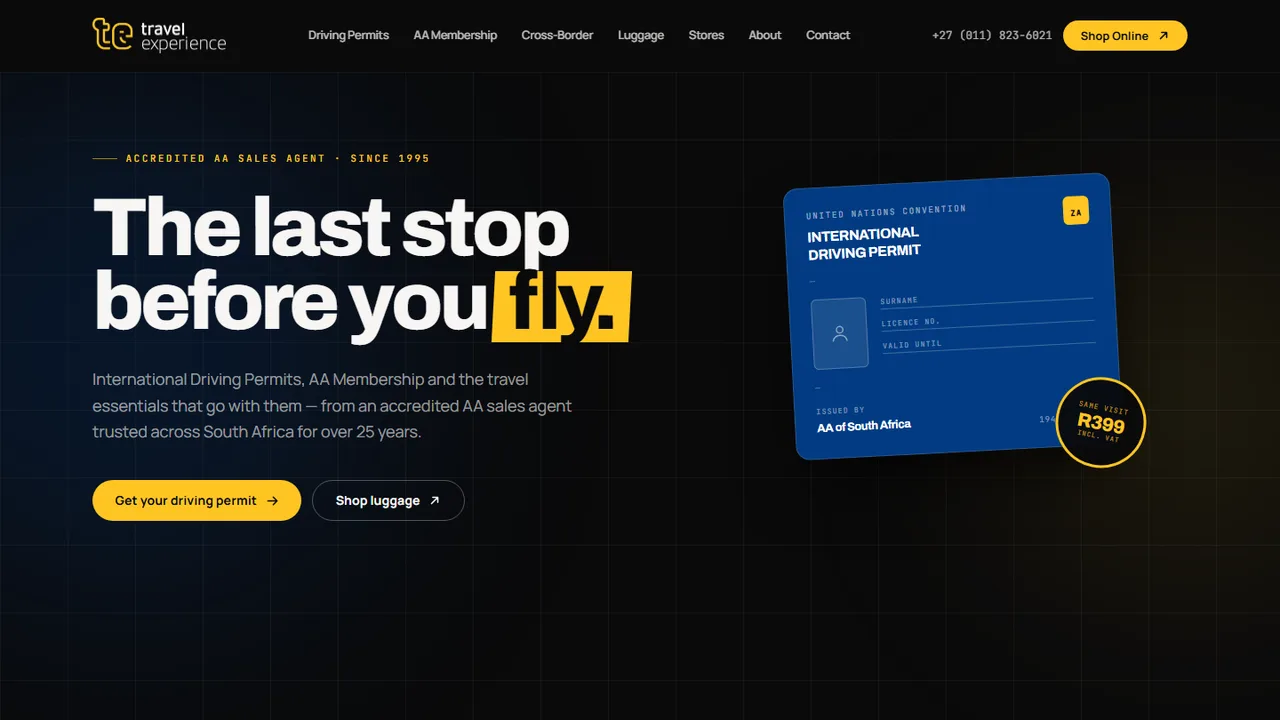 Travel Experience homepage — a dark hero reading “The last stop before you fly” beside an illustrated International Driving Permit card.