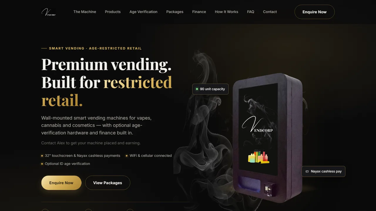 Vendcorp Solutions homepage — a dark hero reading “Premium vending. Built for restricted retail.” beside a wall-mounted vending machine.