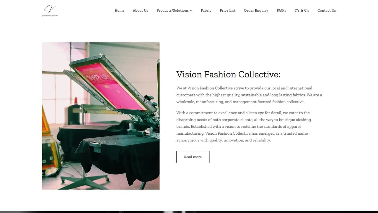 Vision Fashion Collective homepage — a photograph of a screen-printing press beside the collective’s introduction.